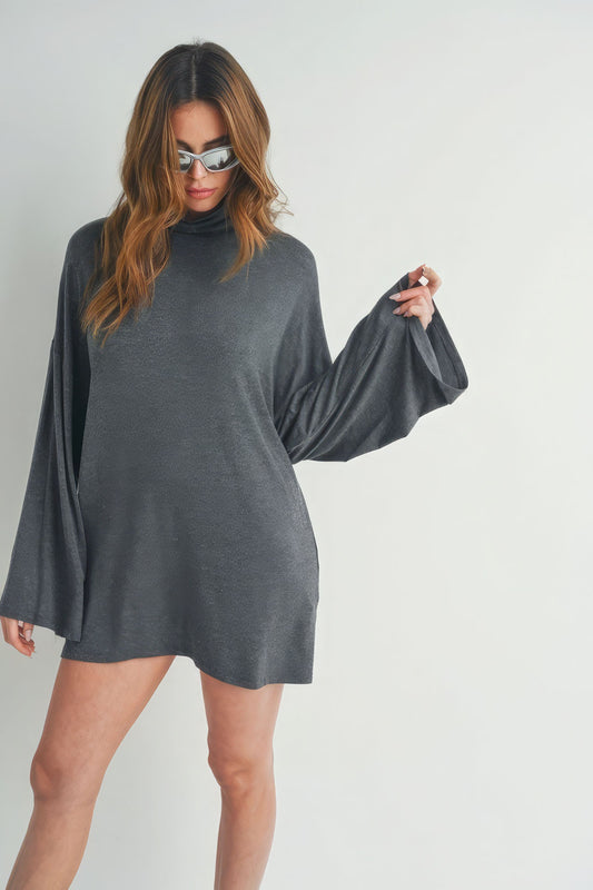 Charcoal Glam Belle Sleeve Turtleneck Dress