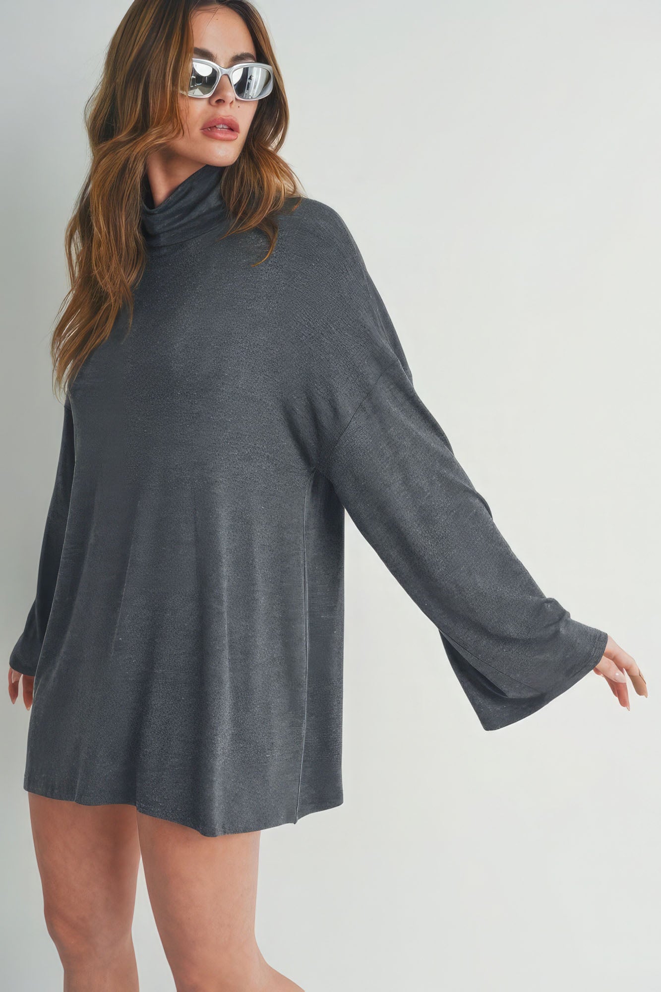 Charcoal Glam Belle Sleeve Turtleneck Dress